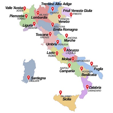 Mapa regiones y ciudades de Italia