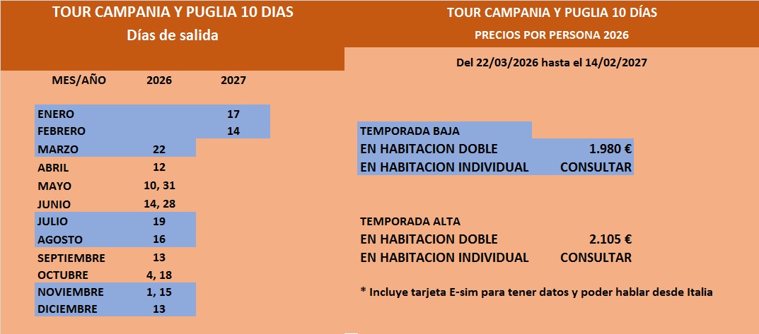 Salidas del circuito por Apulia en español 2026 - 2027