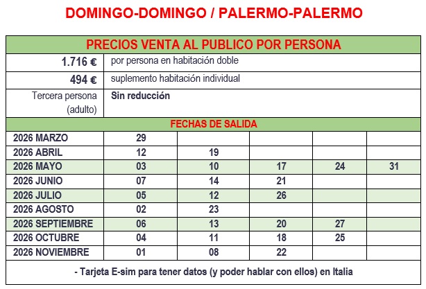 Salidas y precios del circuito Colores de Sicilia desde Palermo 2026