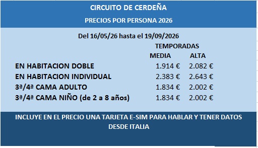 Precios del circuito de Cerdeña en español  2026