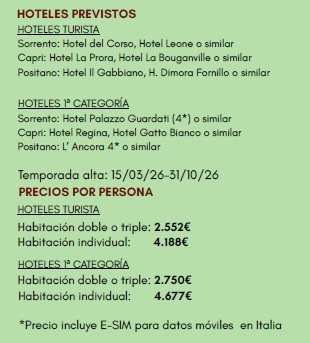Hoteles y precios del circuito Dolce Vita por la Costa Amalfitana, Sorrento y Capri en español 2026