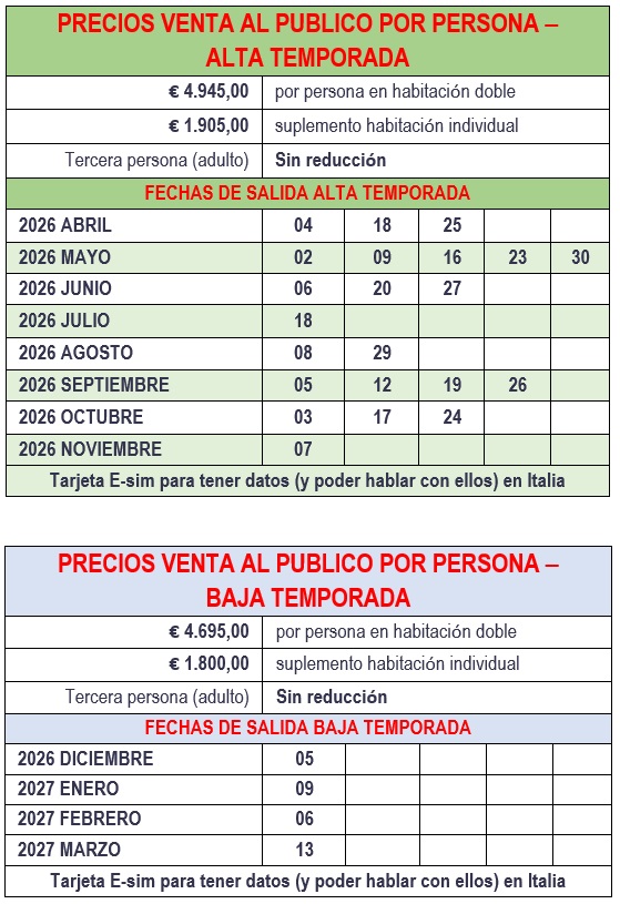 Salidas del tour encantos del Norte al Sur de Italia 15 dias 2026-2027