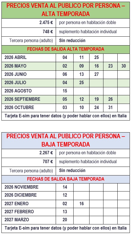 Salidas del tour encantos del Sur con Roma 8 dias 2026 - 2027