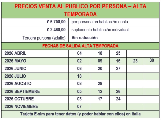 Salidas del tour encantos del Norte al Sur de Italia 1Tour Il Bel Paese con Sicilia Norte a Sur de Italia 23 dias 2026