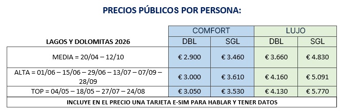 Precios circuito Lagos y Dolomitas 2026