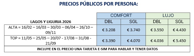 Precios circuito Lagos y Liguria 2026