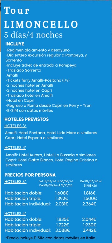 Hoteles o similares del circuito Limoncello por la costa Amalfitana y Capri en español 2026