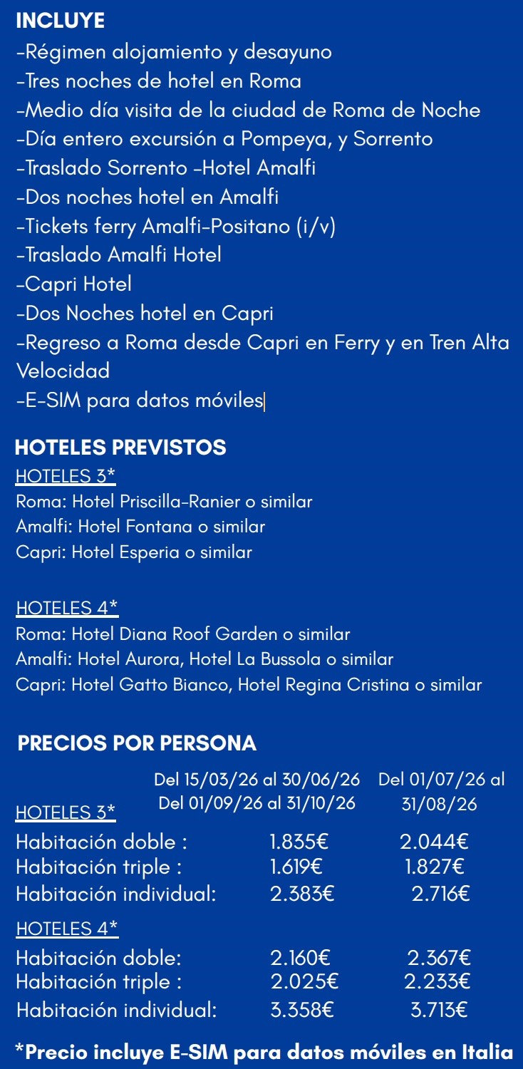 Precios del circuito Nastro Azzurro por la Costa Amalfitana, Amalfi y Capri en español 2026