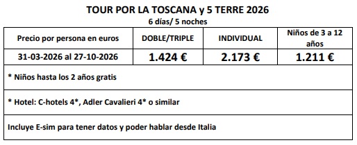 Precios y Salidas del circuito Toscana y Cinque Terre 2026