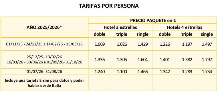 Precios del circuito en tren Turitalia express B 2025/2026