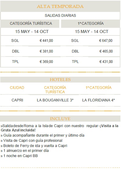 Precios del a Capri desde Roma, 2 días 2021