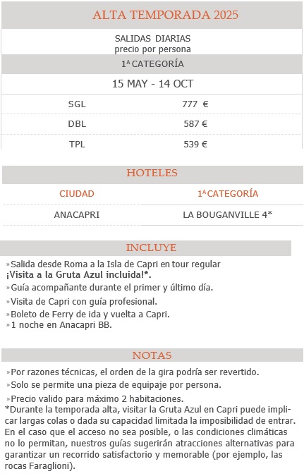 Precios del a Capri desde Roma, 2 días 2025
