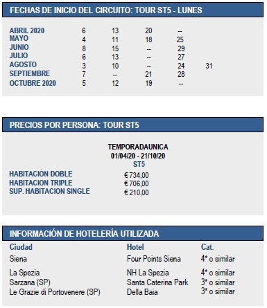 Salidas del tour por la  Toscana y 5 Terre, 4 días 2020