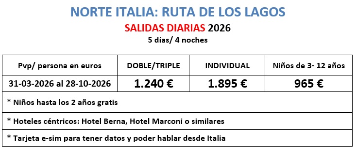 Salidas y precios Tour Norte Italia Ruta de los Lagos 5 días 2026