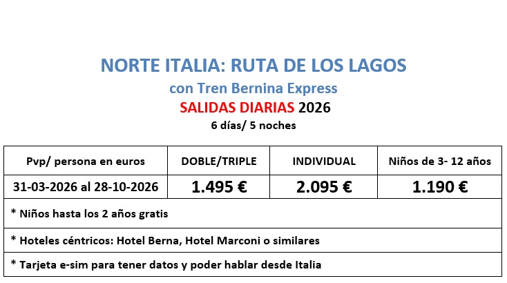 Salidas y precios Tour Norte Italia Ruta de los Lagos 6 días 2026