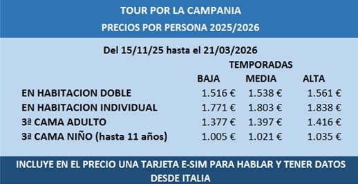 Precios del circuito por la Campania por Costa Amalfitana, Sorrento y Salerno en español 2025 - 2026