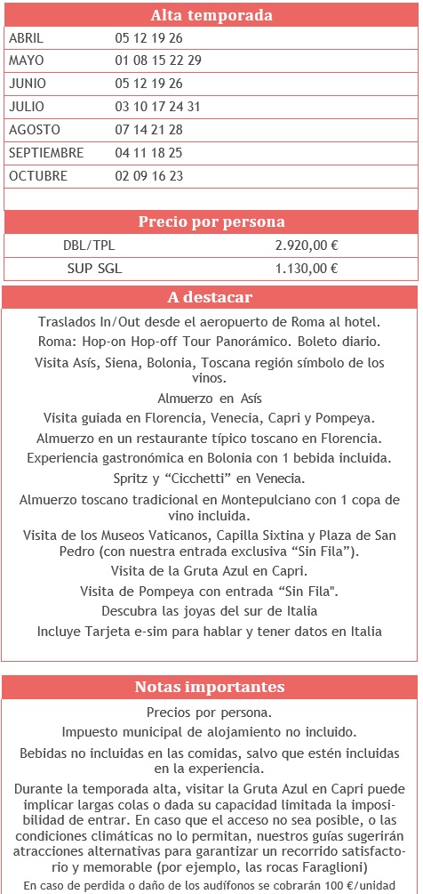 Salidas del circuito FANTASIA 11 dias Italia Clásica 2026