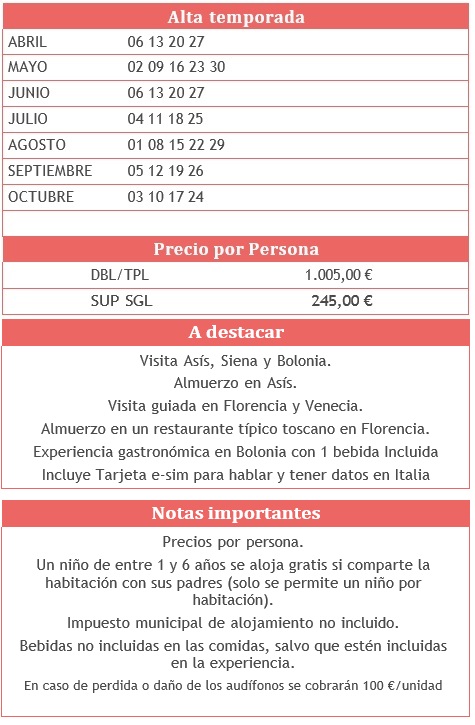Precios y salidas del tour desde Roma, por Asis, Siena, Florencia, Bolonia, Padua, con final en Venecia, 4 días 2026