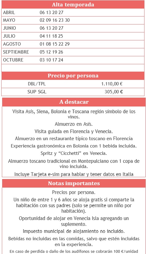 Salidas del circuito FANTASIA 5 DIAS Italia Clásica 2026