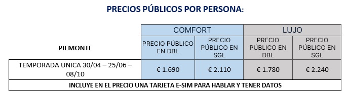Precios del tour por el Piamonte, 4 días 2026