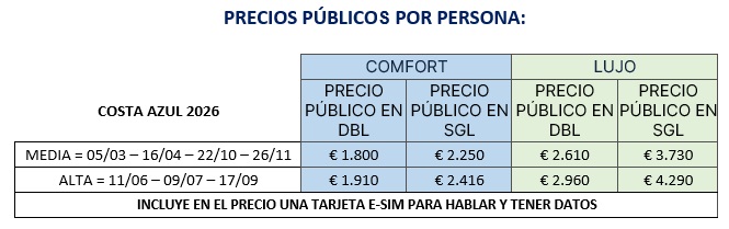 Precios del tour por la Costa Azul, 4 días 2026