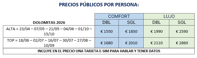Precios del tour por las Dolomitas, 4 días 2026