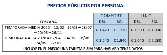 Precios del tour por la Toscana, 4 días 2026