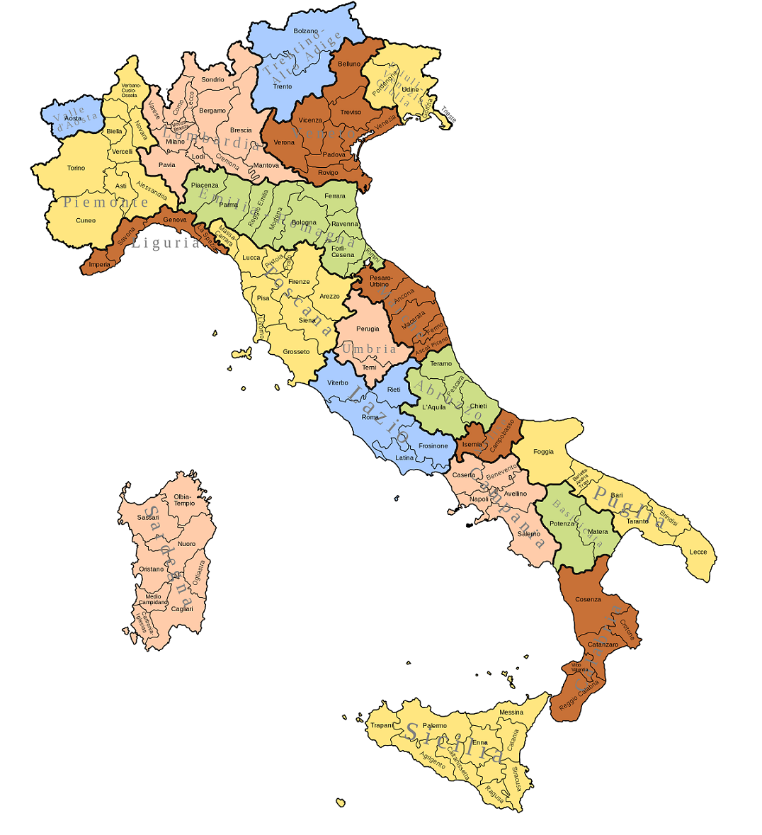 Mapa regiones y ciudades de Italia